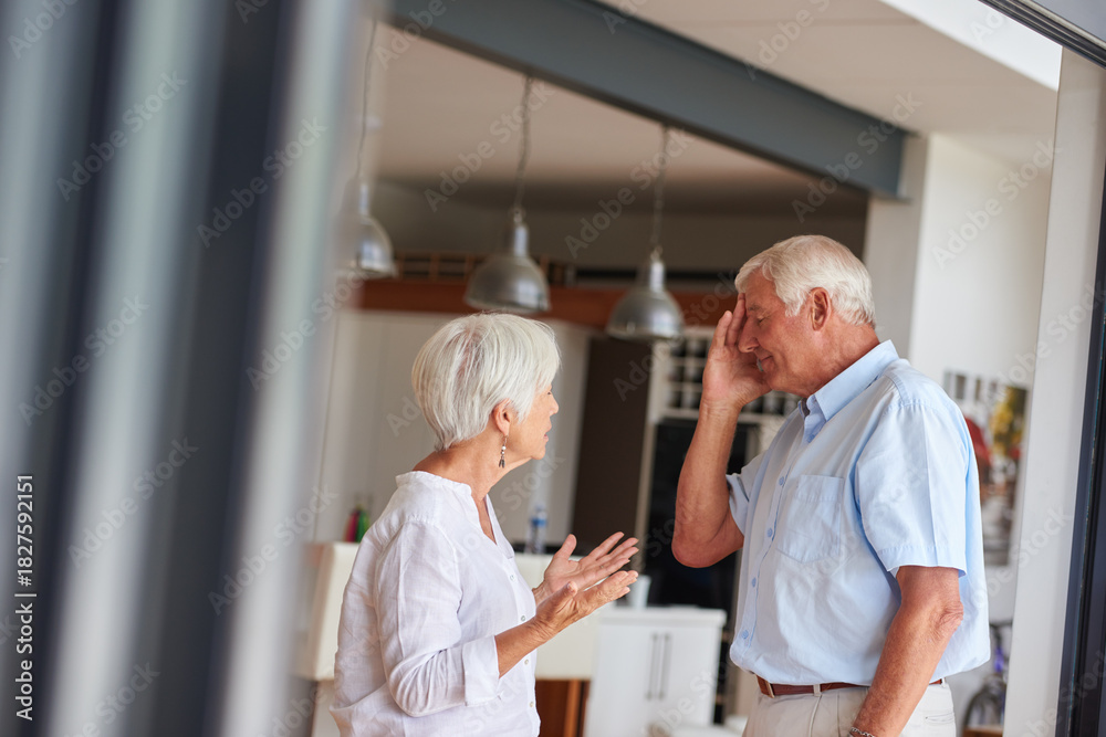 Fototapeta premium Fight, divorce and angry with old couple in house for mistake, cheating crisis and toxic relationship. Marriage drama, breakup and affair with senior man and woman in living room of home for fail