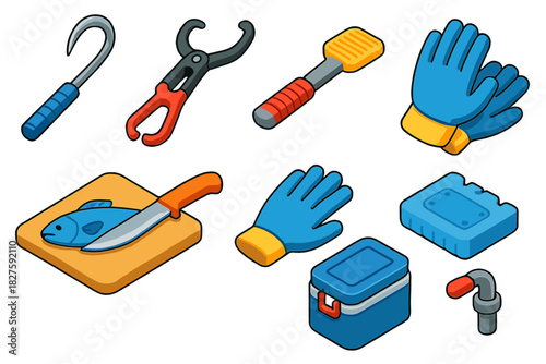 Fishing Gear Essentials. Isometric vector illustration set Fishing equipment – gaff hook, lip gripper, fish scaler; fillet knife,