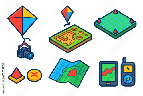 Kite Aerial Survey. Isometric vector illustration set Kite aerial photography: kite flying over archaeological site, camera rig