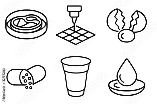 Artificial Food Icons. Line style icons of artificial food production: lab-grown meat sample, printable starch square, synthetic
