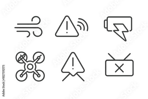 Drone Racing Icons. Line style icons of drone racing challenges: wind gust icon, signal interference alert, battery drain warning,