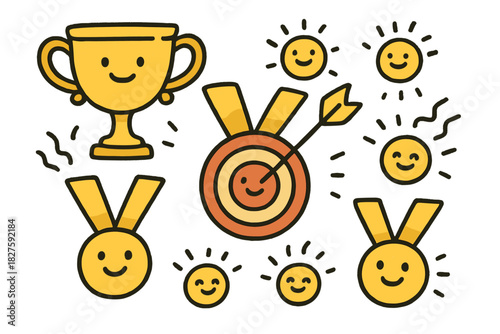 Cheerful Doodle Motivation. Cute doodle workplace motivation with happy trophies, medals smiling, goal targets with cheerful