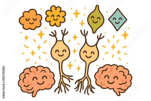 Olfactory Joy. Cheerful doodle smell perception theory scene with happy olfactory neurons, cartoon odor molecules with faces