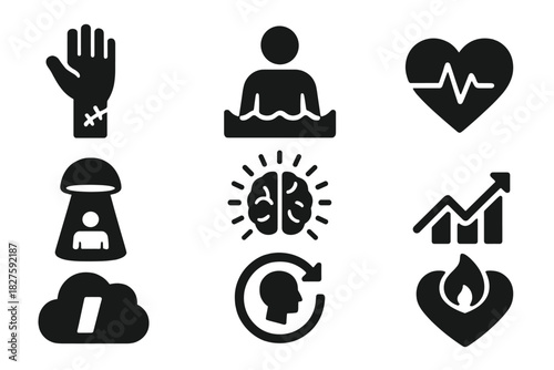 Future Revival Icons. Solid style icons of future revival hopes: reanimation hand icon, thawed awakening silhouette, restart pulse