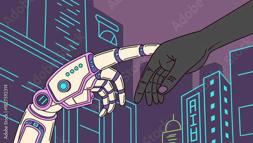 Robot hand touching human hand in futuristic city ai technology and human connection concept image