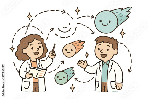 Cheerful Comet Discovery. Cute doodle determining comet origin with cheerful scientists, cartoon comets with faces, smiling
