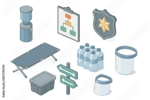 Disaster Relief Essentials. Isometric vector illustration set of Disaster relief: water purification filter, emergency plan chart,