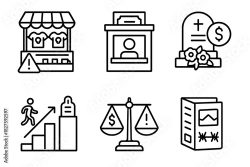 Tragedy Commercialization Icons. Line style icons of Commercialization of Tragedy: souvenir stand with caution icon, ticket booth