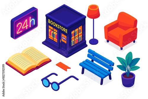 Urban Nightlife Library. Isometric vector illustration set Urban nightlife – late-night bookstore, floor lamp, armchair; open book