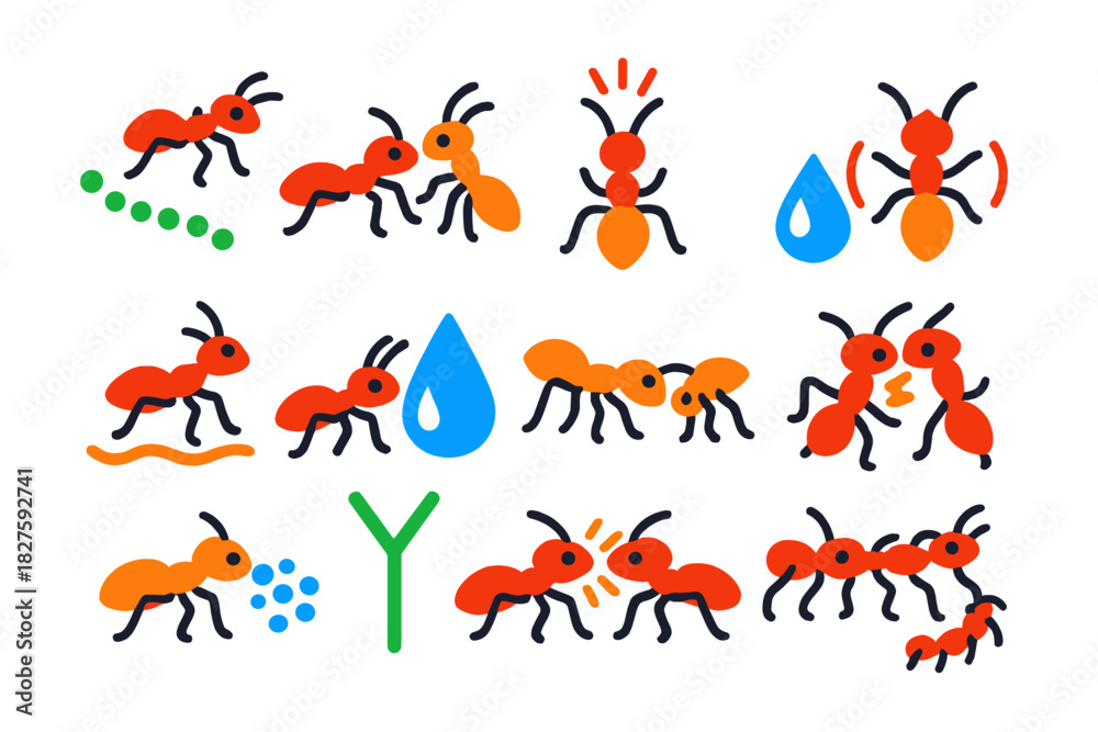 Obraz premium Ant Communication Icons. Flat vector icons of ant communication methods: pheromone trail, antennal touch, alarm signal, food