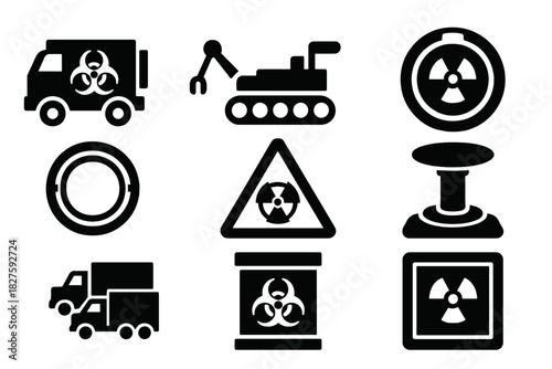 Fallout Transport Icons. Solid style icons of fallout zone transport: hazmat vehicle glyph, tracked rover icon, rail badge.