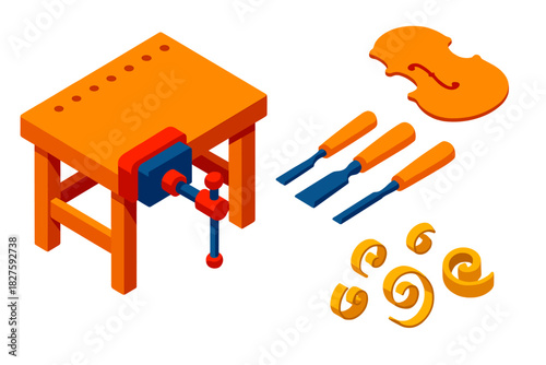 Traditional Luthiery Bench. Isometric vector illustration set Traditional Luthiery Bench: Wooden bench with clamp, gouges and
