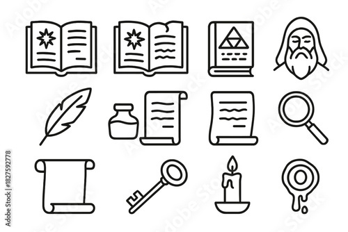 Esoteric Archives Icons. Line style icons of Esoteric Archives: Manuscript, Missing Leaves, Coded Text, Concealed Wisdom; Quill,