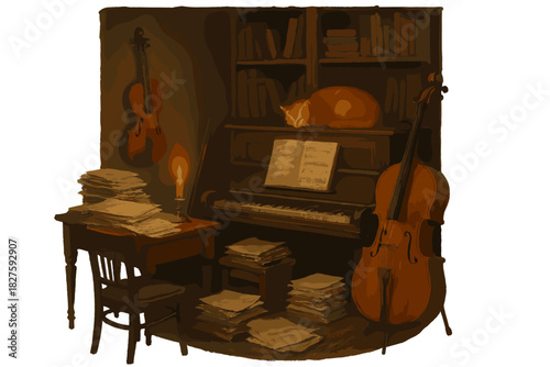 Candlelit Composer's Sanctuary. Composer’s study with glowing candlelight, piles of sheet music, friendly instruments waiting, and