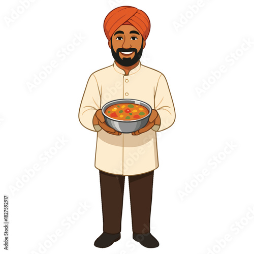 Indian man holding a bowl of food