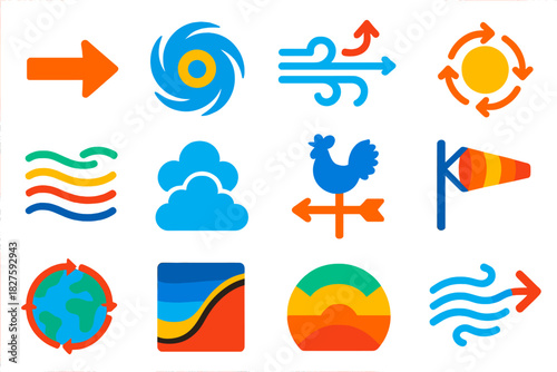 Weather Icons Set. Flat vector icons of wind and atmospheric patterns: wind arrow, cyclone icon, jet stream, pressure system, air
