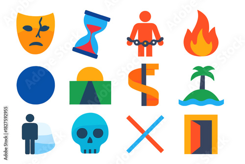 Existential Icon Set. Flat vector icons of Existential Reflections: cracked mask, falling hourglass, chained figure, rising flame,