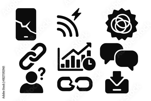 Destabilized Communication Icons. Solid style icons of destabilized communication: cracked phone glyph, unstable signal icon,
