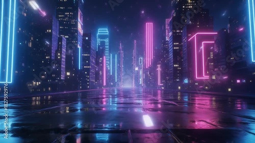 Futuristic neon skyline city glowing towers reflecting on wet streets with dynamic cyberpunk movement