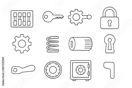 Lock Components Icons. Line style icons of Lock Components: Tumbler, Key, Mechanical System, Security; Padlock, Gear, Spring,