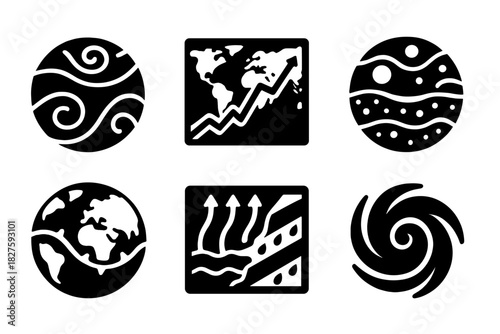 Exoplanet Weather Icons. Solid style icons of exo-weather maps and models: rotating weather globes, climate projection charts,
