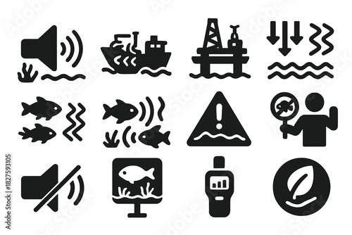 Ocean Noise Pollution. Solid style icons of noise pollution in oceans: loudspeaker underwater, industrial ship, drilling rig,