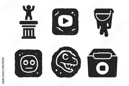 Outdated Meme Fossils. Solid style icons of outdated meme fossils: Harlem Shake pillar, old format stone, meme-asaurus skeleton