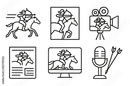 Mounted Archery Icons. Line style icons of mounted archery in media: photo finish image, dramatic shot magazine, film camera with