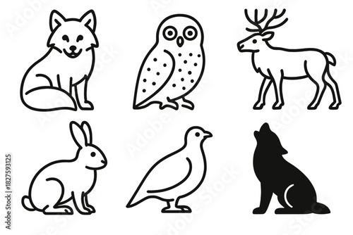 Northern Wildlife Icons. Line style icons of northern wildlife: arctic fox, snowy owl, caribou, snow hare, ptarmigan, wolf
