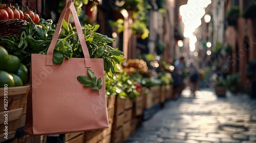 Fototapeta Naklejka Na Ścianę i Meble -  A pink tote bag hangs in front of a street market stall, filled with fresh produce. The background shows a blurred European street scene on a sunny day.