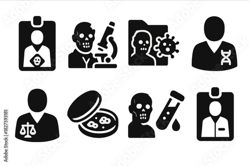 Zombie Research Team Icons. Solid style icons of lab team roles in zombie research: lead scientist badge, tissue analyst icon,