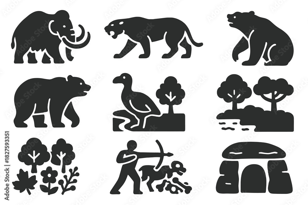 Fototapeta premium Prehistoric Icons. Solid style icons of Prehistoric life: woolly mammoth, saber-tooth tiger, giant sloth, cave bear, prehistoric