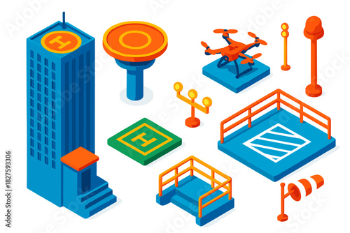 Skyscraper Helipad Icons. Isometric vector illustration set Skyscraper silhouettes – helipad tower, circular deck, approach lights