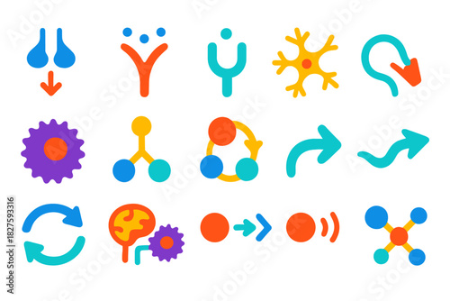 Neural-Immune Icon Set. Flat vector icons of neural-immune communication: synapse arrow, cytokine signal, receptor icon, neuron