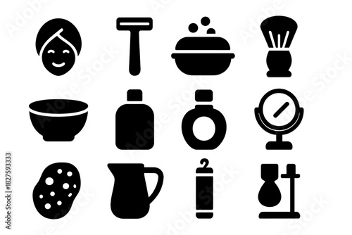 Shaving Ritual Essentials. Solid style icons of Shaving Ritual: Hot Towel, Razor, Soap Dish, Shaving Brush, Bowl, Aftershave,