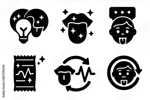 Sensory Fusion Icons. Solid style icons of sensory feedback: light-taste fusion diagram, flavor + glow combo icon, sensory