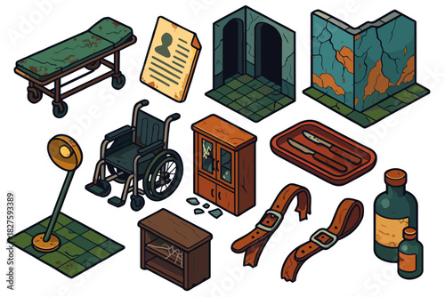 Forgotten Asylum Icons. Isometric vector illustration set Forgotten Asylum: corroded gurney, faded patient chart, hollow hallway,