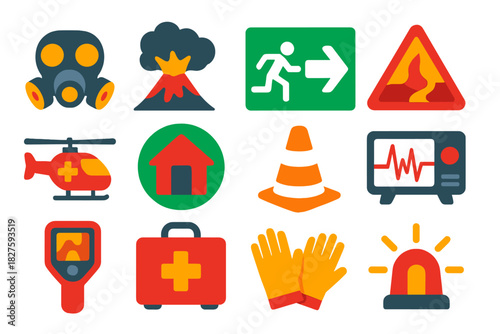 Volcanic Hazard Icons. Flat vector icons of volcanic hazards: gas mask, ash cloud, evacuation sign, lava warning, rescue