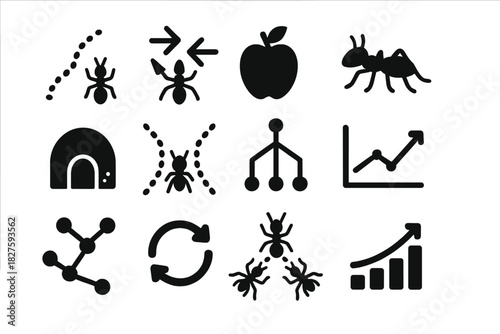 Ant Optimization Icons. Solid style icons of ant colony optimization: ant trail, pheromone path arrows, food source icon, ant