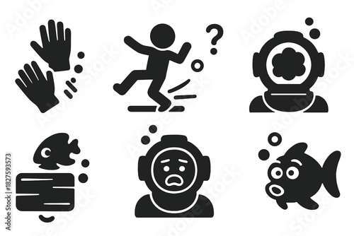Comedic Underwater Icons. Solid style icons of comedic underwater bloopers: gloves floating away, pawn slipping icon, confused