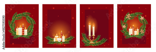 Set of greeting cards with Christmas candles and pine wreath decorations on red glowing background.