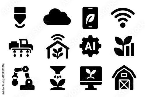 Smart Farming Icons. Solid style icons of smart farming technology: IoT sensor, cloud computing icon, mobile farming app, wireless