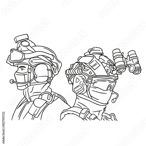 vector line art illustration of Tactical Operators in Gear and tactical helmet
