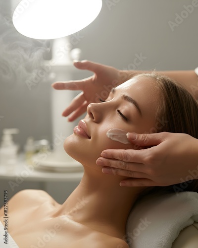 Young woman enjoying professional spa facial treatment, hands applying nourishing cream for healthy, glowing skin, relaxation, beauty, wellness, close-up, serene mood.