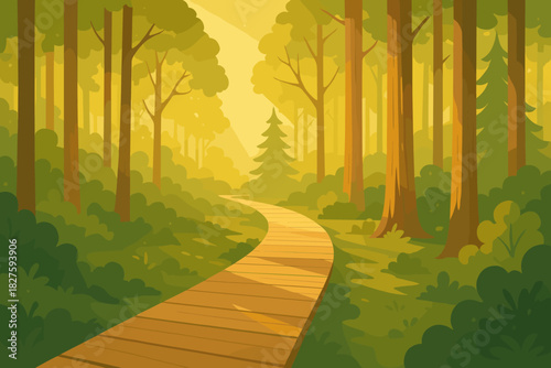 Serene Forest Walkway. Serene forest boardwalk surrounded by tall trees glowing under soft sunlight, tranquil and inviting tones,