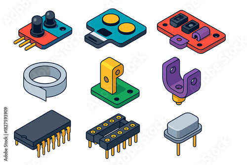 Robotics Kit Components. Isometric vector illustration set Robotics kits – infrared module, line follower sensor, QRE sensor;