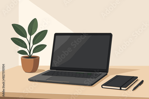 Minimalist Workspace Elegance. Minimalist workspace with a sleek laptop, potted plant, and clean desk, illuminated by soft natural