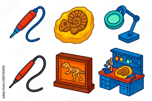 Fossil Preparation Tools. Isometric vector illustration set Fossil Preparation: air scribe tool, plaster jacket, magnifying lamp,