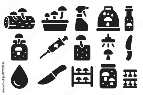 Mushroom Cultivation Icons. Solid style icons of Mushroom cultivation: inoculated log, growing tray, spray bottle, humidity tent,