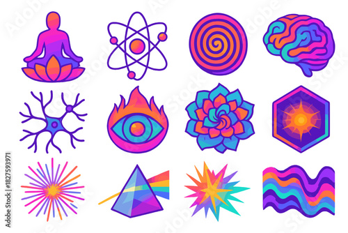Psychedelic Science Icons. Isometric vector illustration set Psychedelic Science: inner consciousness, atom molecule bonds,